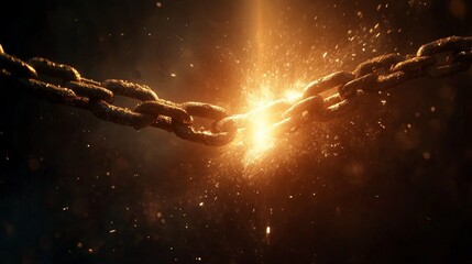 Cinematic scene of heavy iron chains breaking mid air with glowing fragments and erupting light