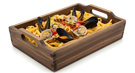 Delicious Seafood Pasta in Rustic Wooden Tray