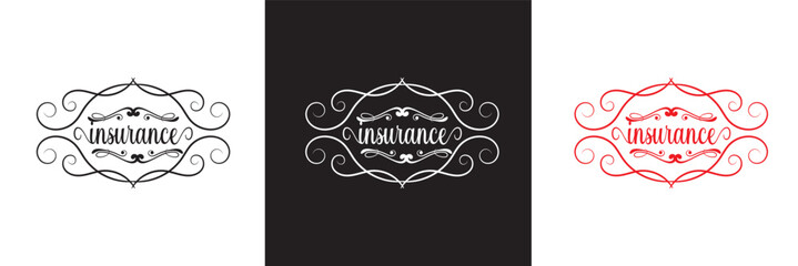 Insurance calligraphy lettering black, white and red ink . Vector illustration. isolated on white and black background. EPS 10 