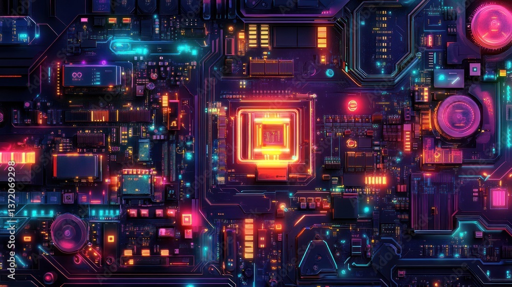Poster intricate electronic circuitry backdrop illuminating the complex network of a modern computer mother
