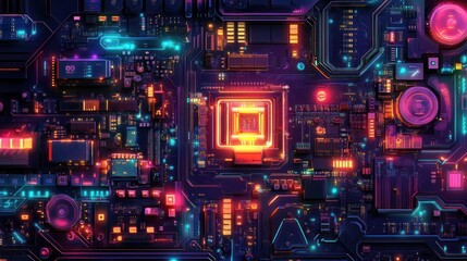 intricate electronic circuitry backdrop illuminating the complex network of a modern computer motherboard with vibrant neon and led accents