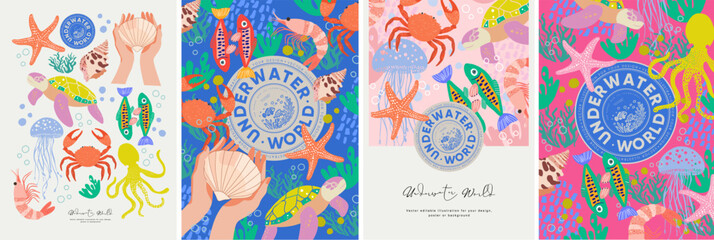 Underwater world. Vector modern abstract illustration of summer, sea, ocean, shell, turtle, crab, jellyfish, fish, shrimp, octopus, starfish, seaweed for poster, card or background