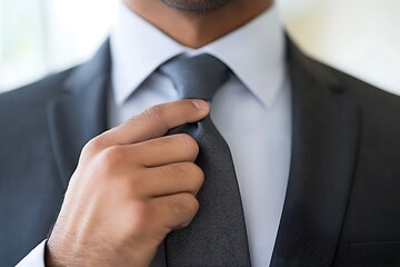Young professional man adjusting tie in suit, blurred corporate hallway in background, sharp details, modern business attire