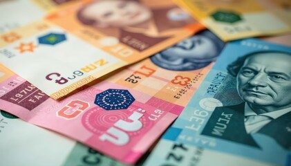 Close-up of a stack of mixed currency notes, soft focus, pattern, money