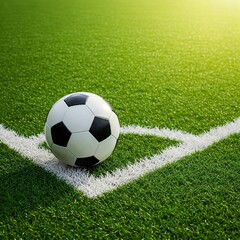 Soccer Ball on Corner of Green Field with Sunlight