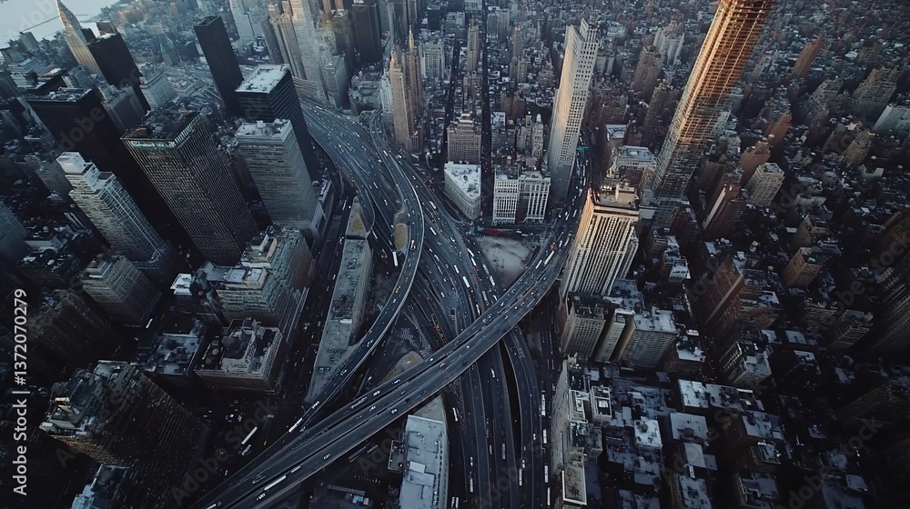 Aufkleber aerial view of a complex multi-level highway system weaving through a dense urban landscape