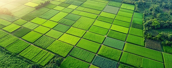 Aerial view of a vibrant, green agricultural landscape with neatly arranged fields, showcasing various shades of green and the beauty of rural farming.