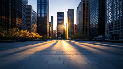 Fototapeta premium City skyline with skyscrapers casting long shadows on corporate plaza, stunning contrast, modern city landscape