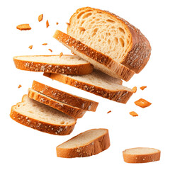 Sliced French bread loaf flying apart on a transparent background. Falling crusty bread slices, bakery crumbs in motion, artisanal French bread explosion, isolated food element.