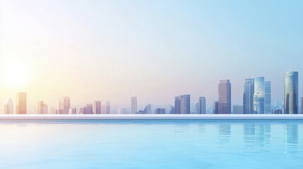 Fototapeta premium serene rooftop pool reflects stunning skyline, creating tranquil atmosphere at sunset