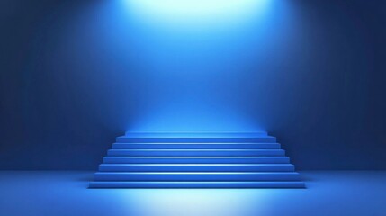 a blue stage with steps leading to a bright light