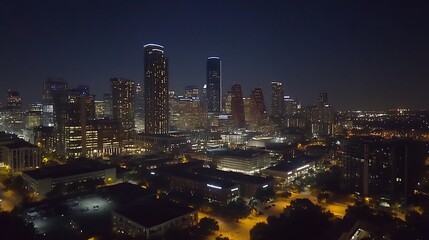 Obraz premium Drone view of an illuminated high-rise district at night, stunning light contrast, glowing city skyline at night --ar 16:9