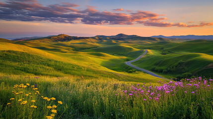 A beautiful countryside landscape with green meadows rolling hills and a stunning sunset sky