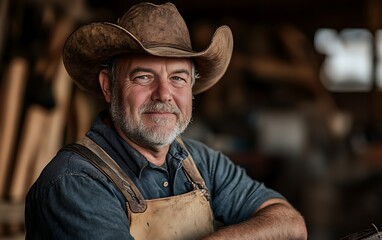 Detailed portrait of a male horse trainer adjusting a saddle, rustic and professional equestrian atmosphere --ar 16:10