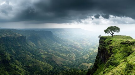 A dramatic landscape featuring lush green valleys and a solitary tree perched on a cliff under a moody sky.