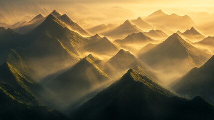 A stunning landscape photograph of the Wuling mountains in Guizhou, China, showcasing their unique peak formations and lush greenery under the golden rays of sunrise