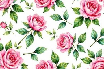 Naklejka premium Delicate watercolor roses, lush leaves Seamless repeat pattern , illustration, element, leaves