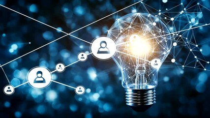 A glowing light bulb symbolizing innovation and connectivity, surrounded by digital networking icons and a blue background - Powered by Adobe