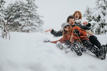 Three friends sledding down a snowy hill in the forest, radiating joy and togetherness while enjoying winter fun outdoors surrounded by snow-covered trees and the beauty of a cold winter day.