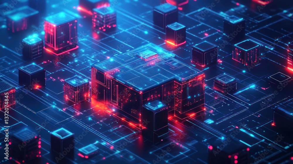 Poster abstract futuristic technology background showcasing interconnected glowing cubes and circuit patter