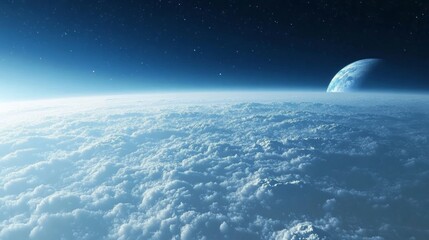 a view above the clouds, close in perspective, blue sky on the horizon 