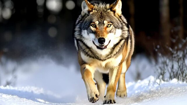  Grey wolf running through snow in forest. Wild life. Timber wolf in snowy winter forest .