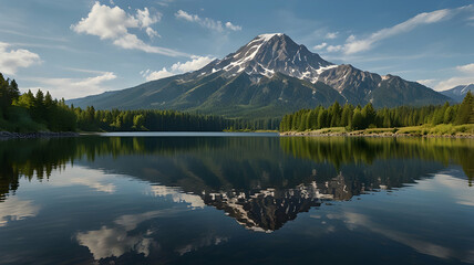 "Majestic Alpine Scene with Snow-Capped Peaks and Reflection"