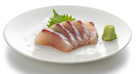 Delicious Sashimi:  A Plate of Fresh,  Perfectly Sliced  Fish, Garnished with Wasabi and Herbs