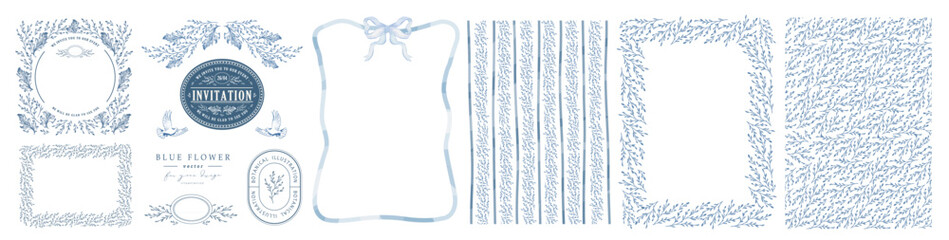 Blue vintage garden, flowers, plant and ornament. Wedding classic elegant  invitation. Vector illustration of engraving, ribbon, bow, vignette, frame, border, pattern, stamp for certificate   © Ardea-studio