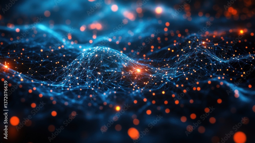 Poster abstract neural network showcasing intricate connections and dynamic data flow visualized with glowi