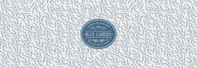 Blue vintage garden. Vector seamless classic illustration of plants, pattern, twigs, print, vignette, badge, label for background or banner