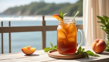 A refreshing peach iced tea in a mason jar, presented in a bright, summery setting