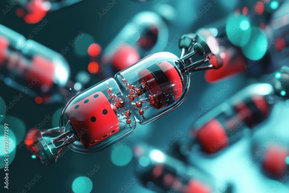 Poster futuristic capsules floating in a vibrant digital space with colorful reflections