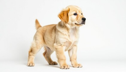 Golden retriever puppy stands, pure white backdrop, adorable, dog portrait, dog