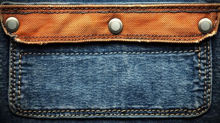 Faded denim texture with stitched patches and worn-out creases, retro fashion background.
