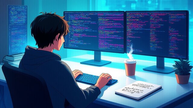 Focused coder types software at desk with multiple monitors in digital office background