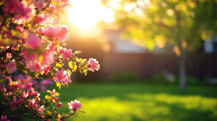 Obraz premium Springtime home surrounded by lush greenery and blooming trees, embodying serene natural beauty.