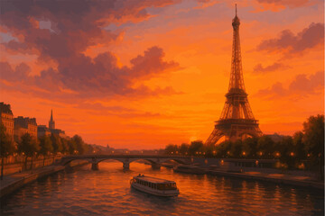 Fototapeta premium paris at sunset with seine river and eiffel tower 