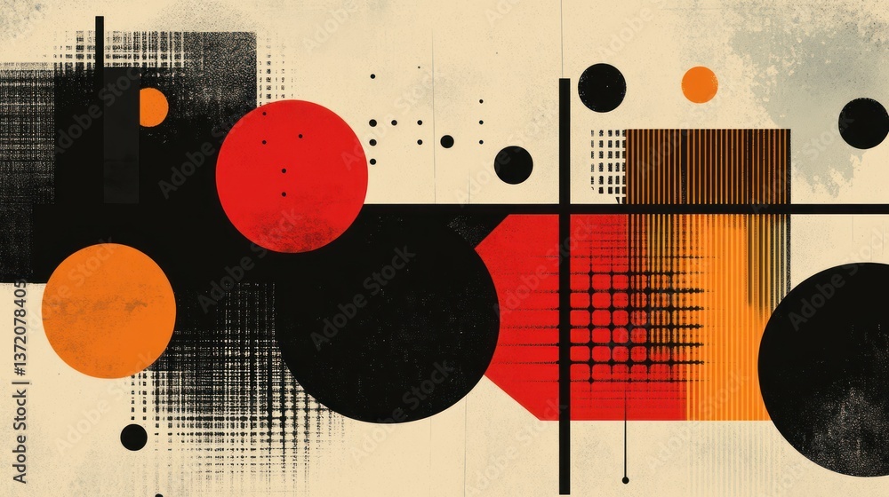 Aufkleber abstract geometric composition featuring circles squares and textural patterns in a contemporary col