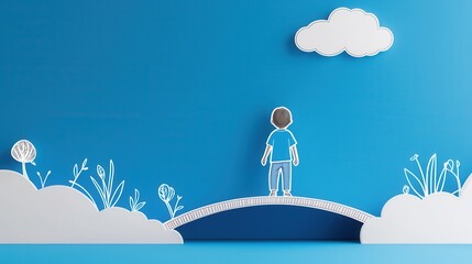 A whimsical illustration of a boy standing on a bridge under a blue sky, surrounded by stylized plants and clouds.