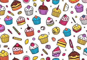 Whimsical doodle pattern of assorted cakes, cupcakes, and sweets on a white background, vibrant, wrapping