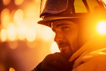Close-up of male firefighter adjusting helmet, blurred fire station background, dramatic lighting, intense fireman portrait, action shot