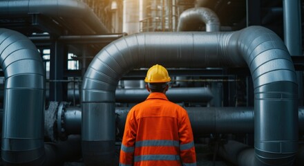Worker in an orange safety jacket and helmet observing industrial pipes