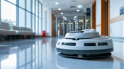 Obraz premium Robotic vacuum cleaning a hospital lobby with a sterile environment, high-tech robotic vacuum autonomously cleaning hospital lobby floors, High-tech style