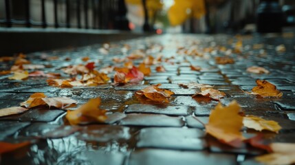 a wet sidewalk with leaves on it