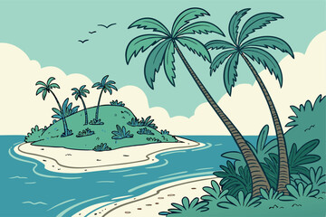 Scenic Tropical Island Beach with Crystal Clear Waters and Palm Trees