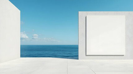 Fototapeta premium Minimalist Coastal Scene with Empty Canvas and Calm Ocean Backdrop