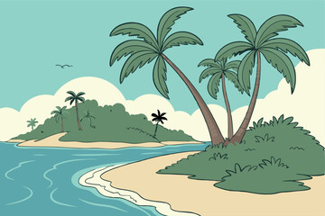 Scenic Tropical Island Beach with Crystal Clear Waters and Palm Trees