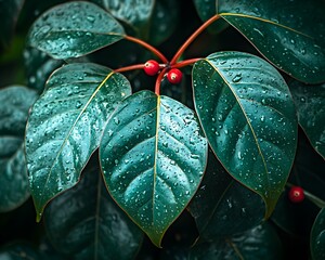 Close up of wet green leaves with bright red berries
