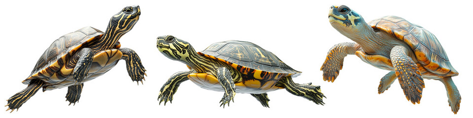 Fototapeta premium Three turtles isolated on a transparent background. Aquatic and land turtles with detailed shells and claws, different turtle species in motion, perfect for animal design and nature projects.